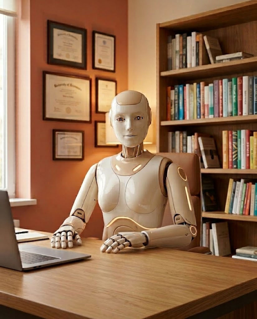 A Claude robot mint profi marketinges az íróasztala mögött, diplomákkal a falon és szakkönyvekkel a polcon